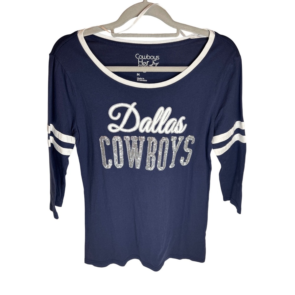 Dallas Cowboys Women's Edna Three-Quarter Sleeve T-Shirt Navy Sequins Sparkle!!!